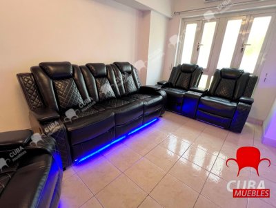 Juego de sofá reclinable multifunción de cuero Power Air con luces LED, muebles de sala de estar, sofá reclinable, sofá biplaza, silla con puerto USB/consola de almacenamiento/portavasos (negro,