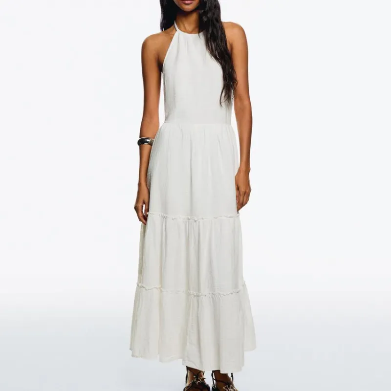 Maxi Vestido Cuello Halter Volantes