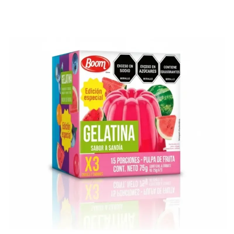 Gelatina Boom Mixta 75g x 3 (Mandarina, Uva, Frutos Rojos)