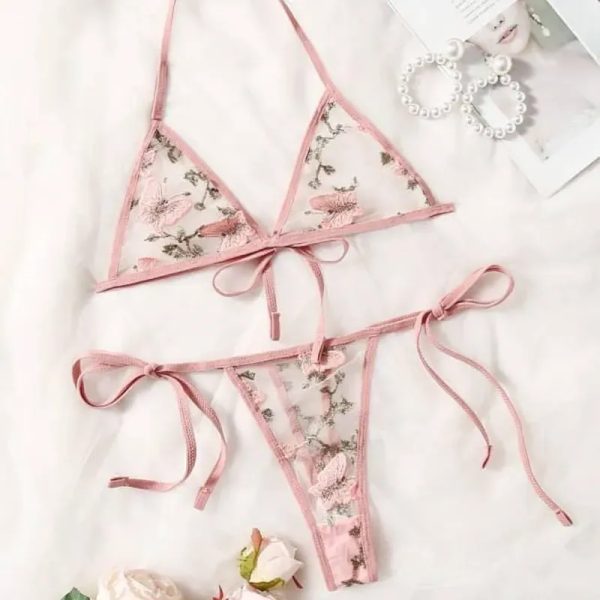  Conjunto de lencería rosa bordado + lazos – Tallas S y M
