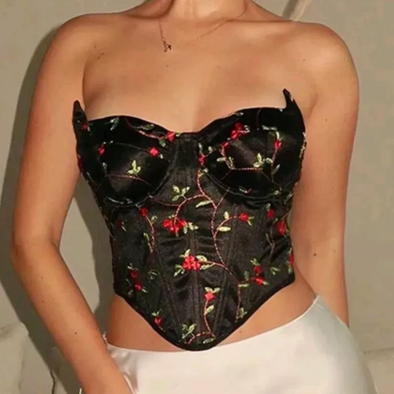 ❤️ Top tubo asimétrico con bordado floral — Negro