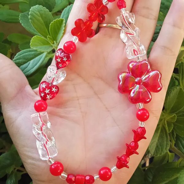 Llavero para mujer/Colgante Floral Rojo y Cristal -