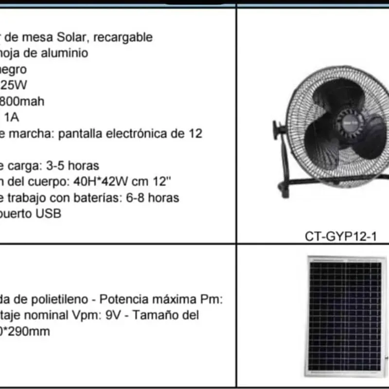 Ventilador recargable con panel solar