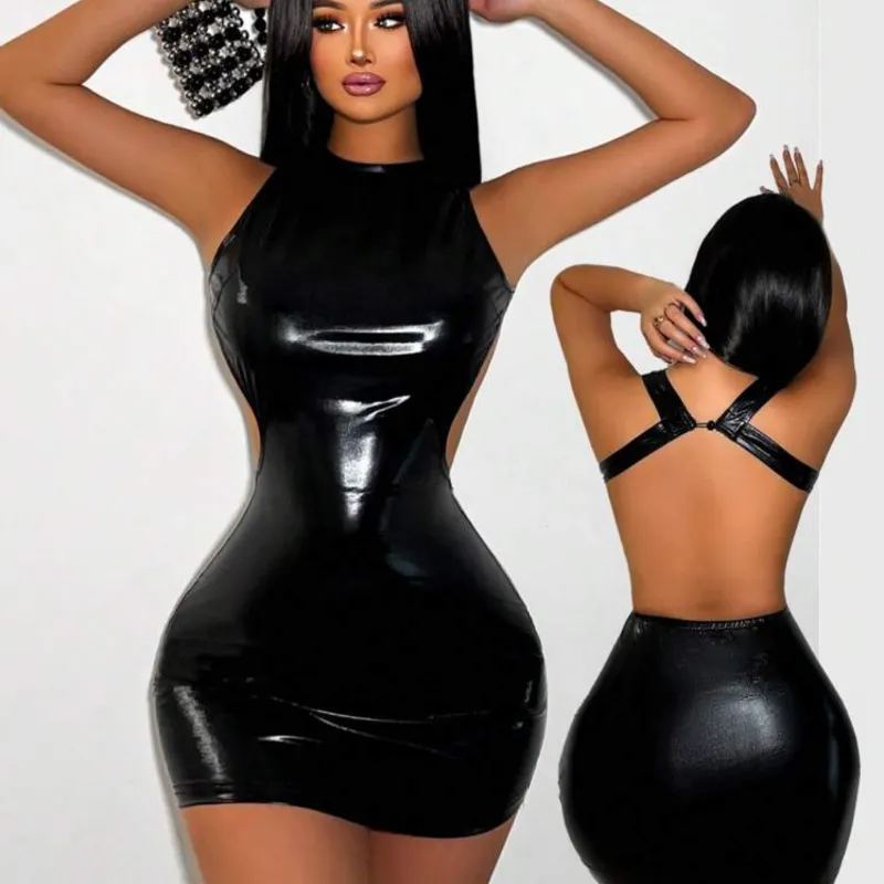 Zolique Vestido mini de mujer de unicolor con diseño hueco en la espalda, cuello redondo sin mangas y silueta slim