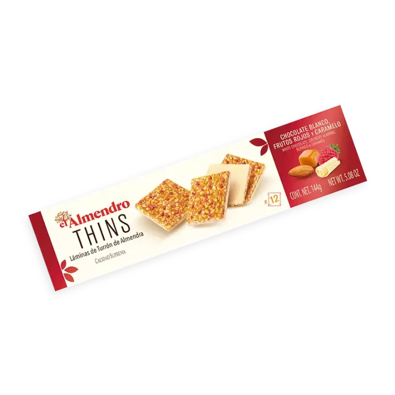 Láminas Thins Turrón Almendra Chocolate Blanco, Frutos Rojos y Caramelo El Almendro