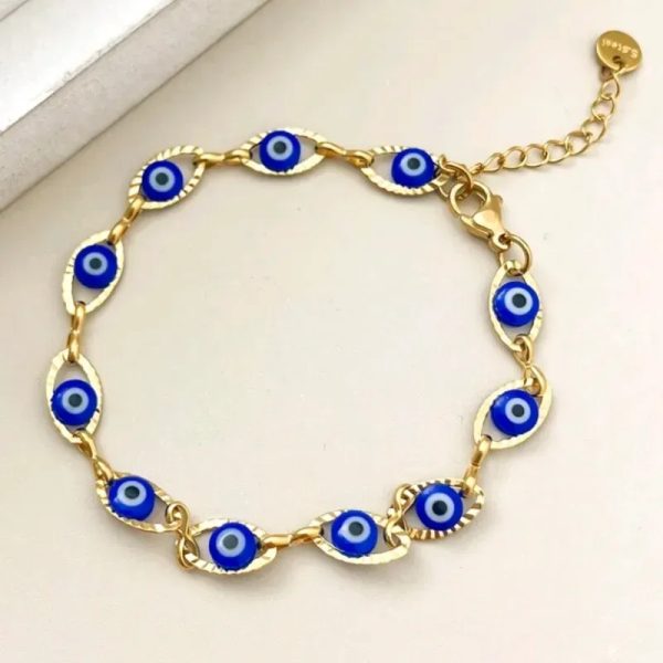 Pulsera de ojos turcos de acero inoxidable con un baño de oro