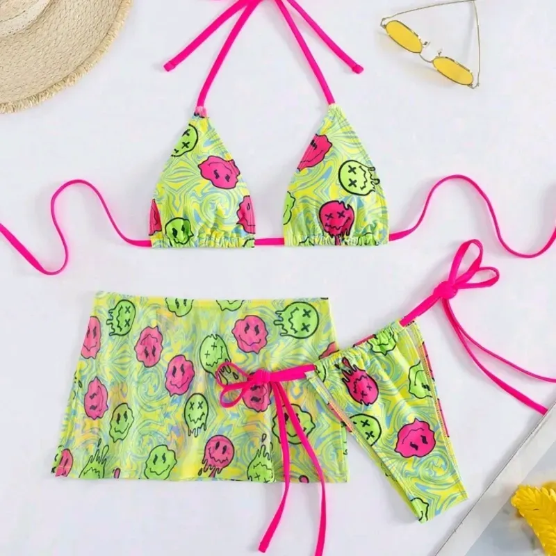  Bikini con falda — Verde/ Rosado