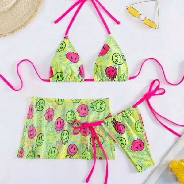  Bikini con falda — Verde/ Rosado