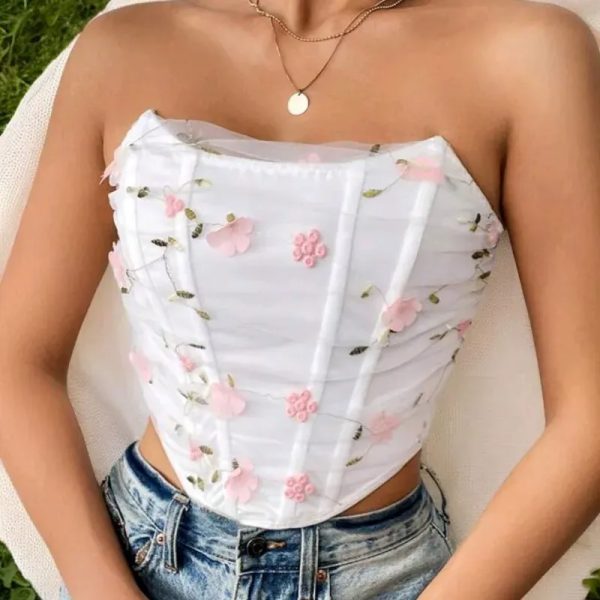  Top con bordado floral — Blanco/Rosado