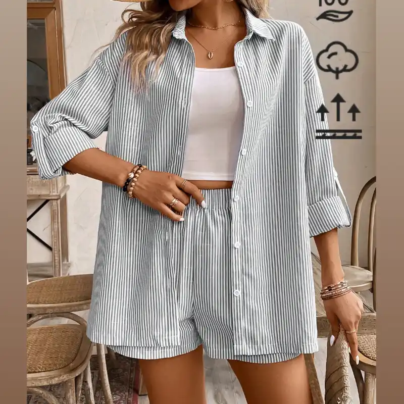 Set de camisa de manga larga a rayas y pantalones cortos