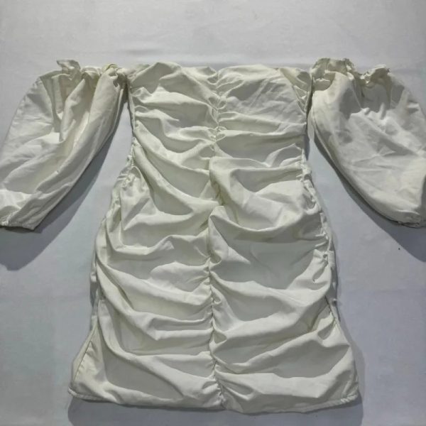 Vestido Blanco Off Shoulder Fruncido Mangas 3/4
