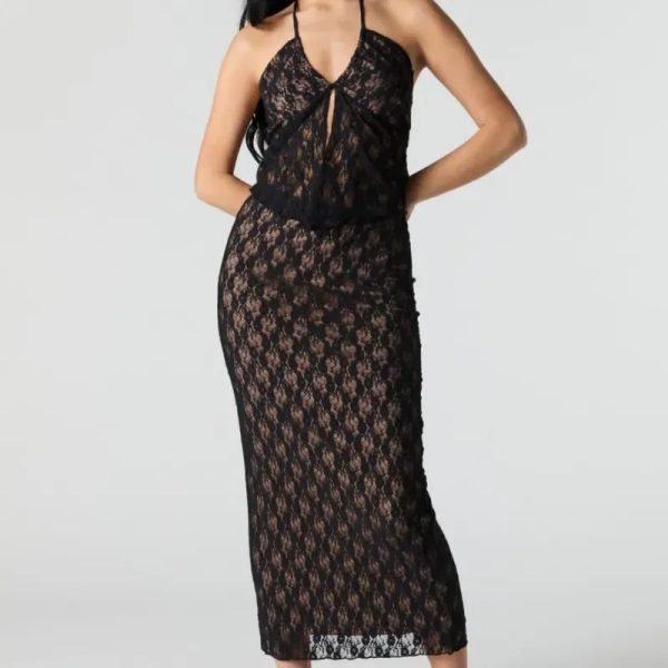 Conjunto negro de encaje top y saya