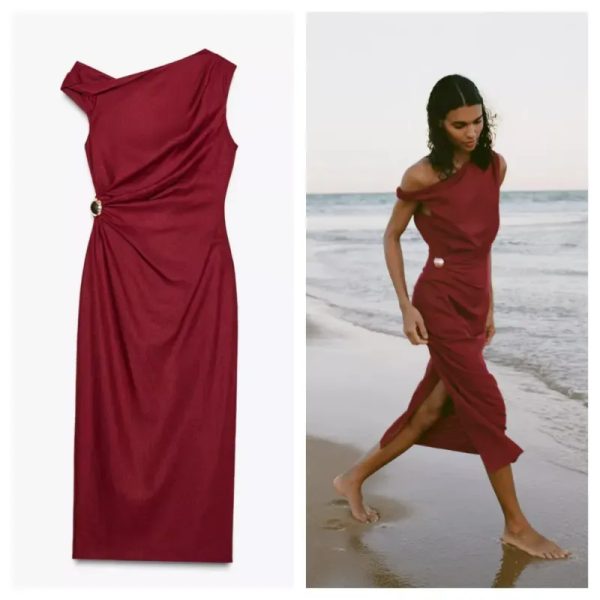 Vestido Zara midi rojo aplique dorado