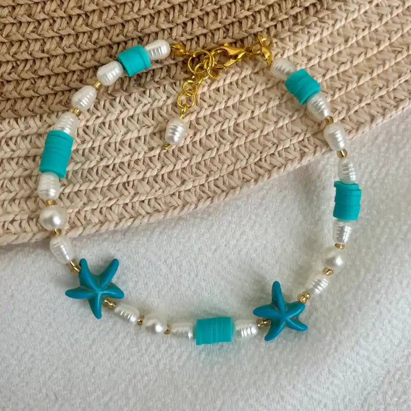 Tobillera de perlas de río , fimos y estrellas de mar