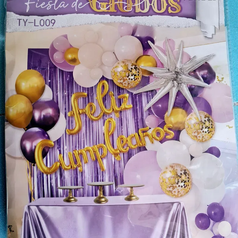 Set arco de globos "FELIZ CUMPLEAÑOS" Violeta, dorado y blanco