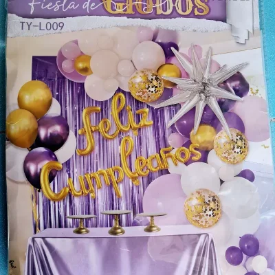 Set arco de globos "FELIZ CUMPLEAÑOS" Violeta, dorado y blanco