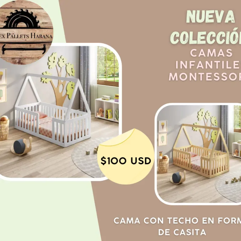 Camita infantil Montessori modelo casita con barandas