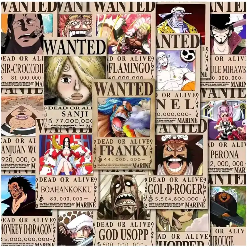 Colección de 56 carteles de "Se busca" de personajes de la popular serie de manga y anime One Piece
