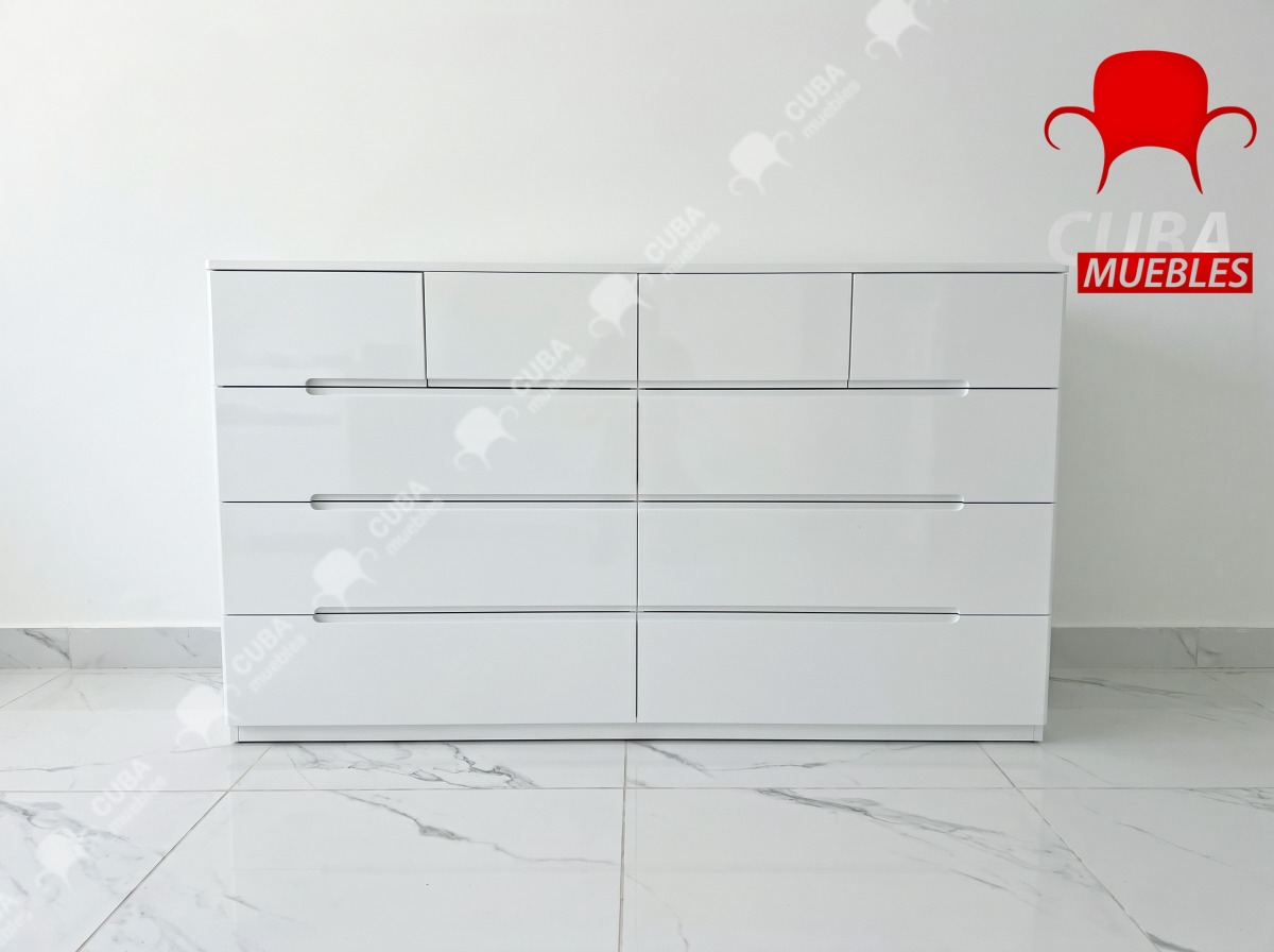 Cómoda blanca de 10 cajones para dormitorio, cómoda larga de 55" cofre de cajones, gabinete de almacenamiento moderno grande de alto brillo con cajones grandes sin manijas, sala de estar