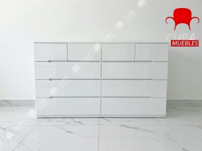 Cómoda blanca de 10 cajones para dormitorio, cómoda larga de 55" cofre de cajones, gabinete de almacenamiento moderno grande de alto brillo con cajones grandes sin manijas, sala de estar