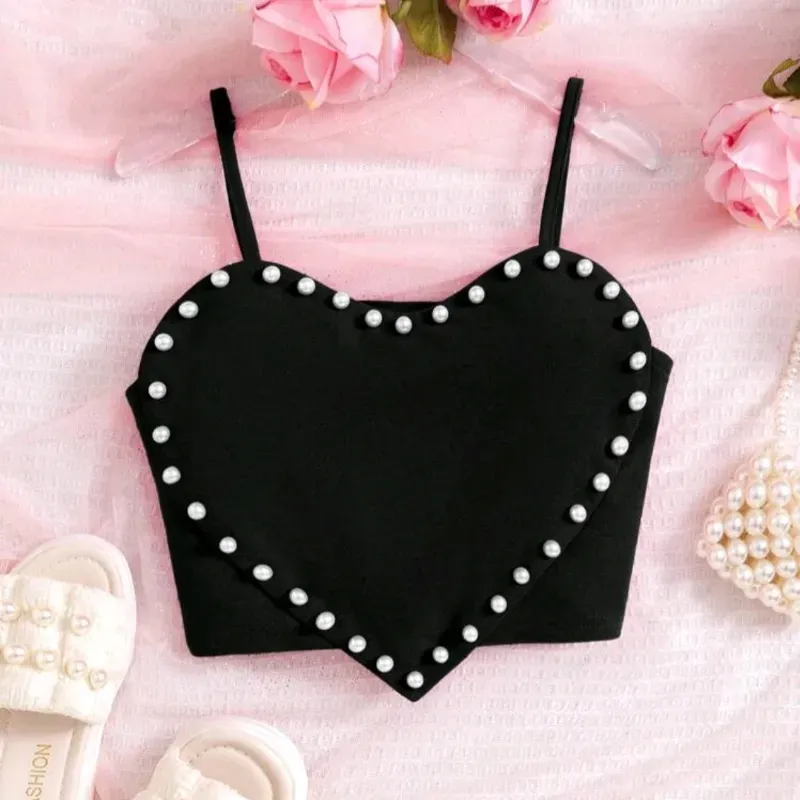  Top corazón con perlas — Negro