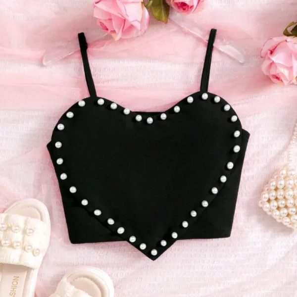  Top corazón con perlas — Negro