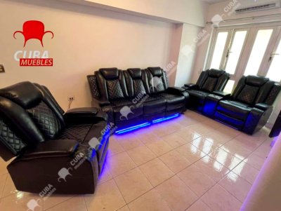 Juego de sofá reclinable multifunción de cuero Power Air con luces LED, muebles de sala de estar, sofá reclinable, sofá biplaza, silla con puerto USB/consola de almacenamiento/portavasos (negro,