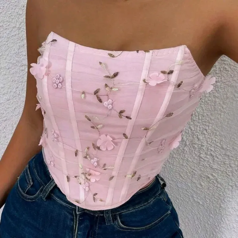  Top con bordado floral — Rosado