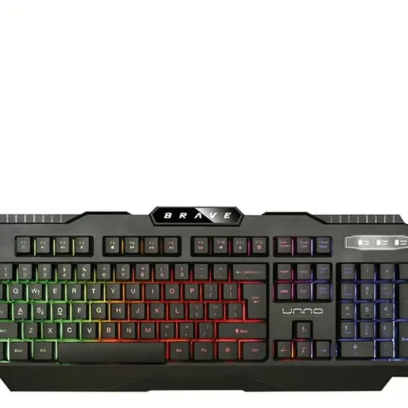 Teclado Gamer Unno Tekno Brave USB Retroiluminado Rainbow 104 Teclas Anti-Ghosting Cable Trenzado 5FT