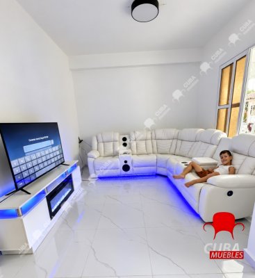 Sofá modular reclinable eléctrico con altavoces de graves para sala de estar, de piel sintética, reclinable, esquinero, con luz LED, reclinables eléctricos para el hogar, color blanco