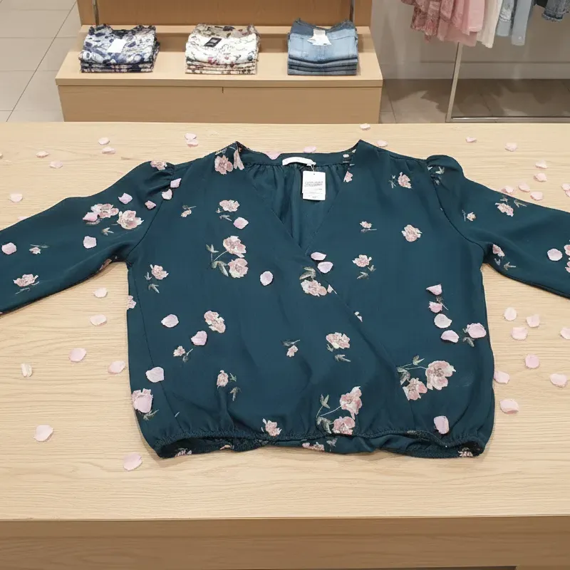 Blusa verde estampada de flores c/ mangas largas