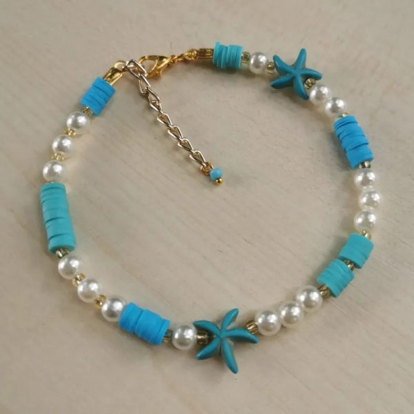 Tobillera de fimos, perlas blancas y estrellas de mar