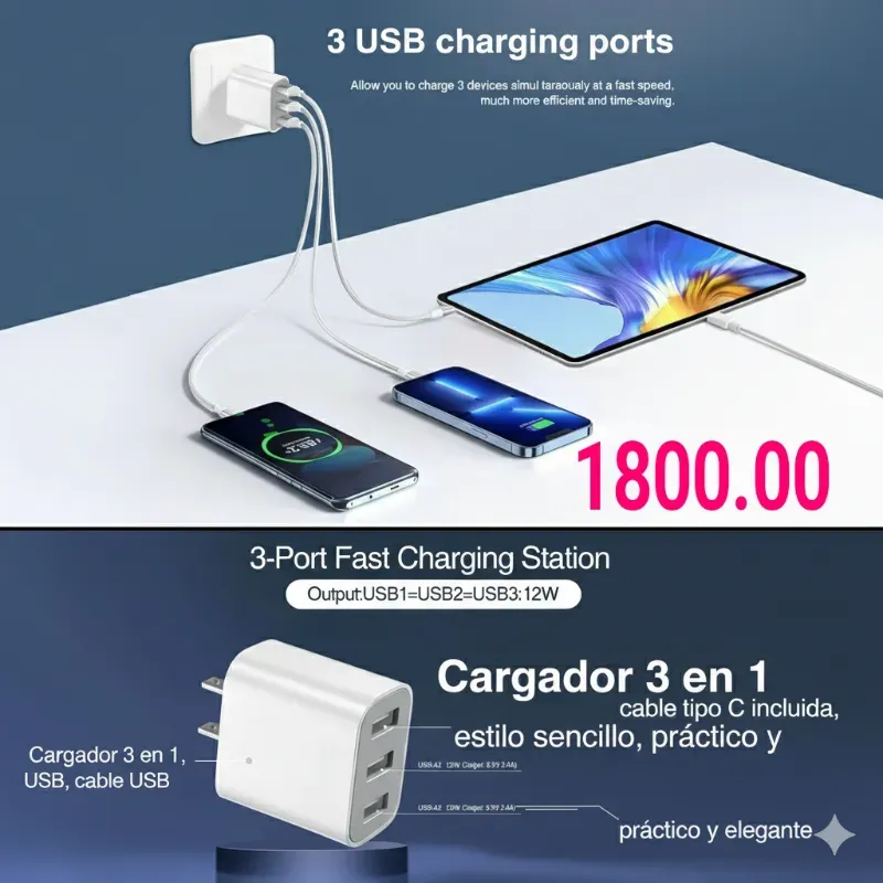  Cargador USB 3 Puertos/cabel Tipo C incluído