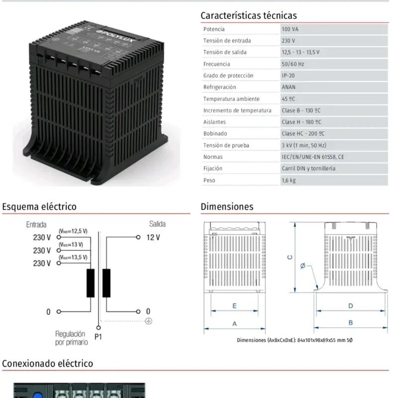 Transformador monosfastico para luminaria 100 VA 12 V   4291100022