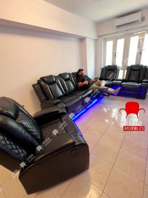Juego de sofá reclinable multifunción de cuero Power Air con luces LED, muebles de sala de estar, sofá reclinable, sofá biplaza, silla con puerto USB/consola de almacenamiento/portavasos (negro,