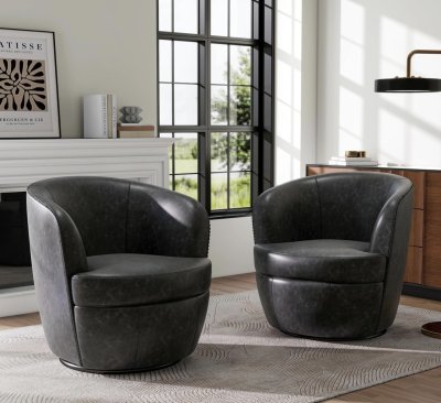 Silla giratoria de gran tamaño, cómodo sillón de lectura, café, juego de 2 | Mid-Century Modern Round PU Leather Club Accent Chairs for Adults, Solid Wood Frame & Metal Base, For Living Room, Bedroom