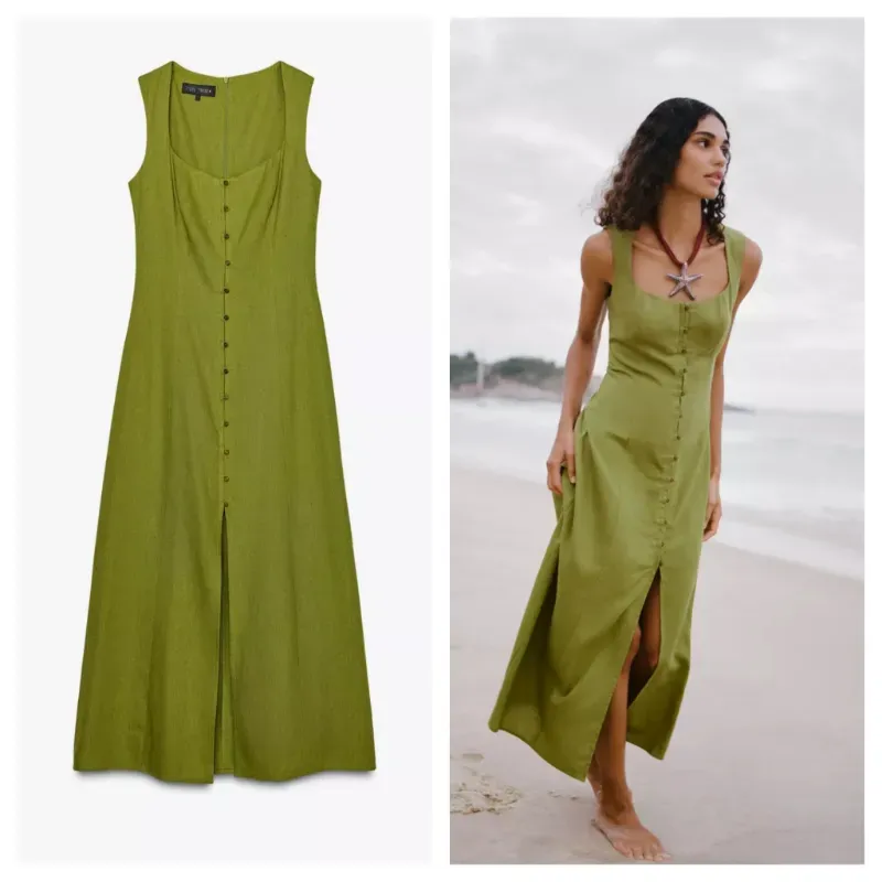 Vestido Zara verde lino botones
