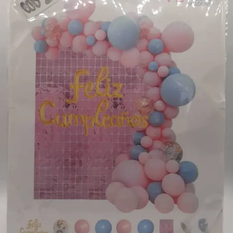 ‼️Set de Globos de 72 Piezas- Rosado, Azul y Dorado (Cartel Dorado y Cortina de cuadros Rosada)‼️