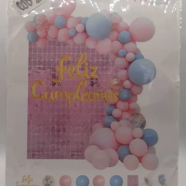 ‼️Set de Globos de 72 Piezas- Rosado, Azul y Dorado (Cartel Dorado y Cortina de cuadros Rosada)‼️
