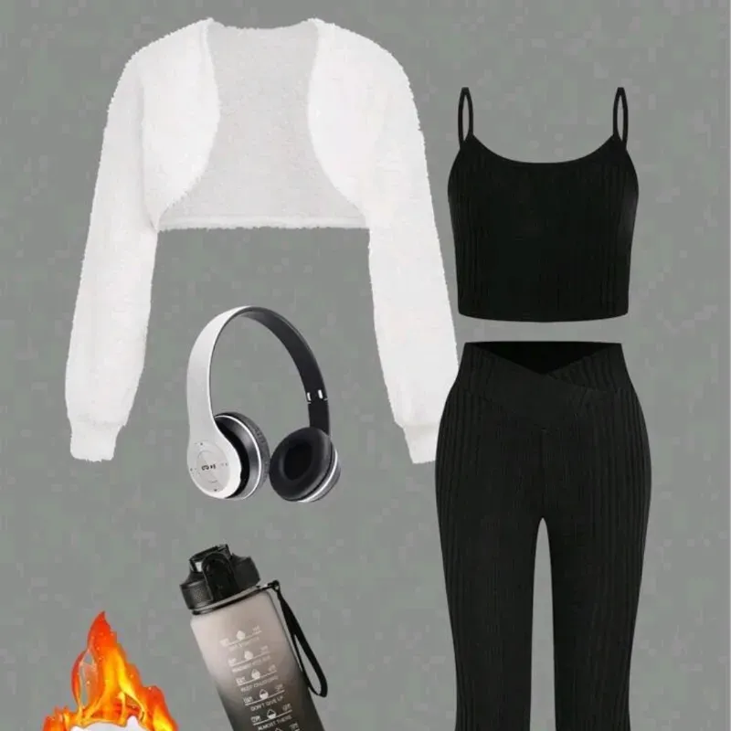 Conjunto de blusa, licra y abrigo — Negro/ Blanco