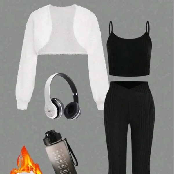  Conjunto de blusa, licra y abrigo — Negro/ Blanco