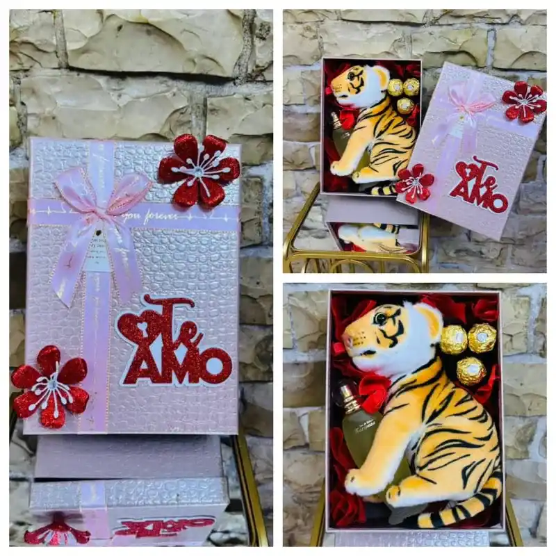 Caja salvaje   ( perfume mariposa, peluche de tigre y 3 bombones Ferrero Rocher )