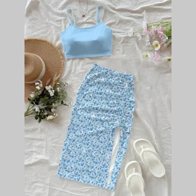 Conjunto de top y saya azul