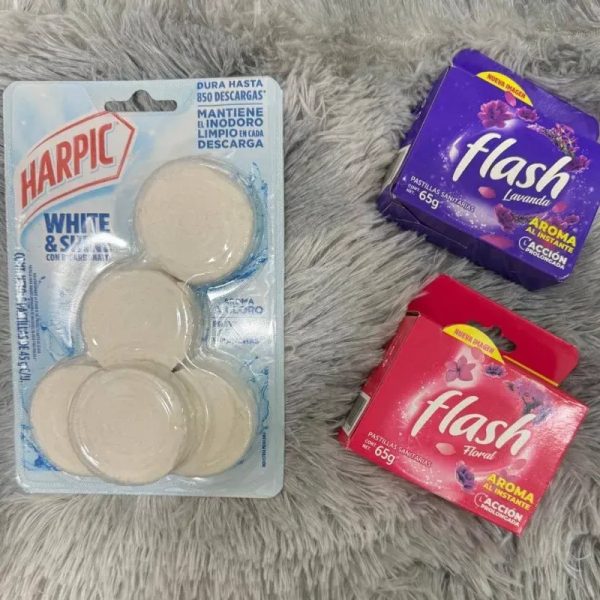  Kit de limpieza y fragancia – Harpic + Flash Lavanda + Flash Floral