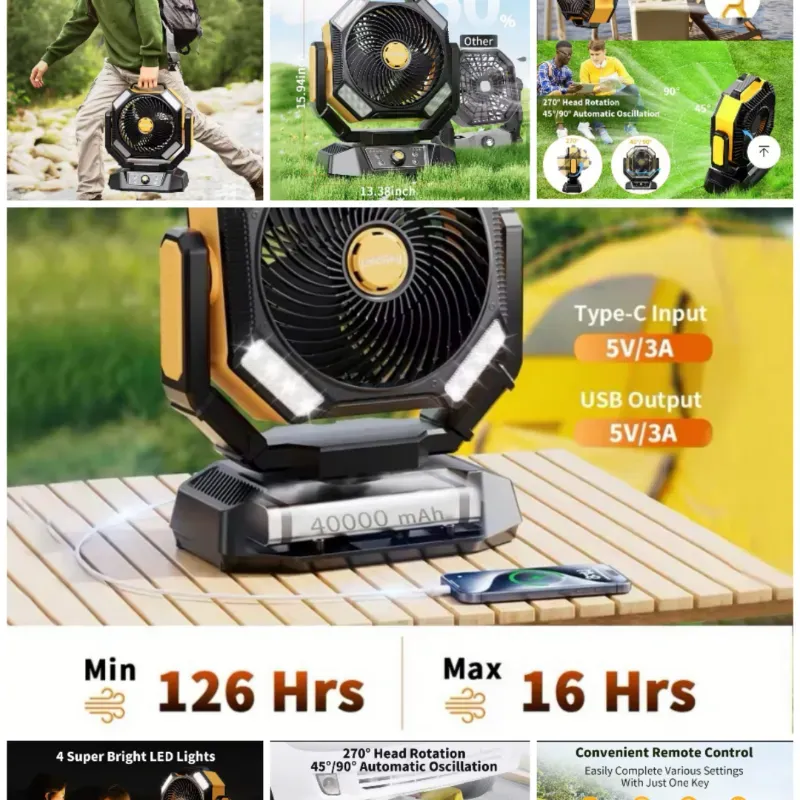 VENTILADOR RECARGABLE 40000 Mha CON 4 LUCES LED, 8 VELOCIDADES CON CONTROL REMOTO, EXTERIOR, PORTÁTIL CON GANCHO