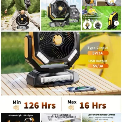 VENTILADOR RECARGABLE 40000 Mha CON 4 LUCES LED, 8 VELOCIDADES CON CONTROL REMOTO, EXTERIOR, PORTÁTIL CON GANCHO