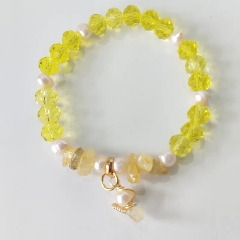 Pulsera de cuarzo citrino, perlas de río y cristal facetado