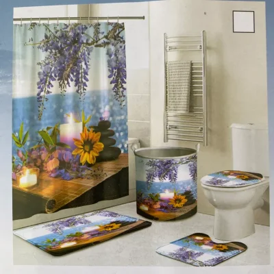 Set de cortina alfombras y cestos para el baño