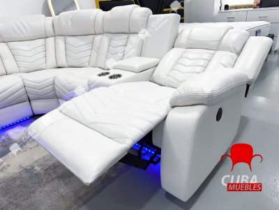 Sofá modular reclinable eléctrico con altavoces de graves para sala de estar, de piel sintética, reclinable, esquinero, con luz LED, reclinables eléctricos para el hogar, color blanco