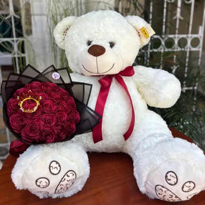 Peluche (grande) y ramo de rosas eternas
